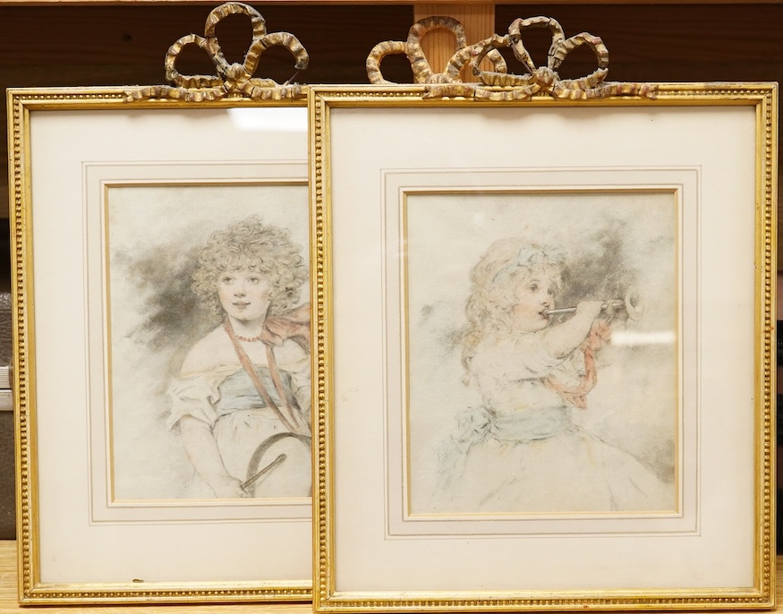 Manner of Sir Thomas Lawrence (1769-1830), A group of three portraits of young ladies, watercolours, in ribbon-tied frames, 17 x 14cm